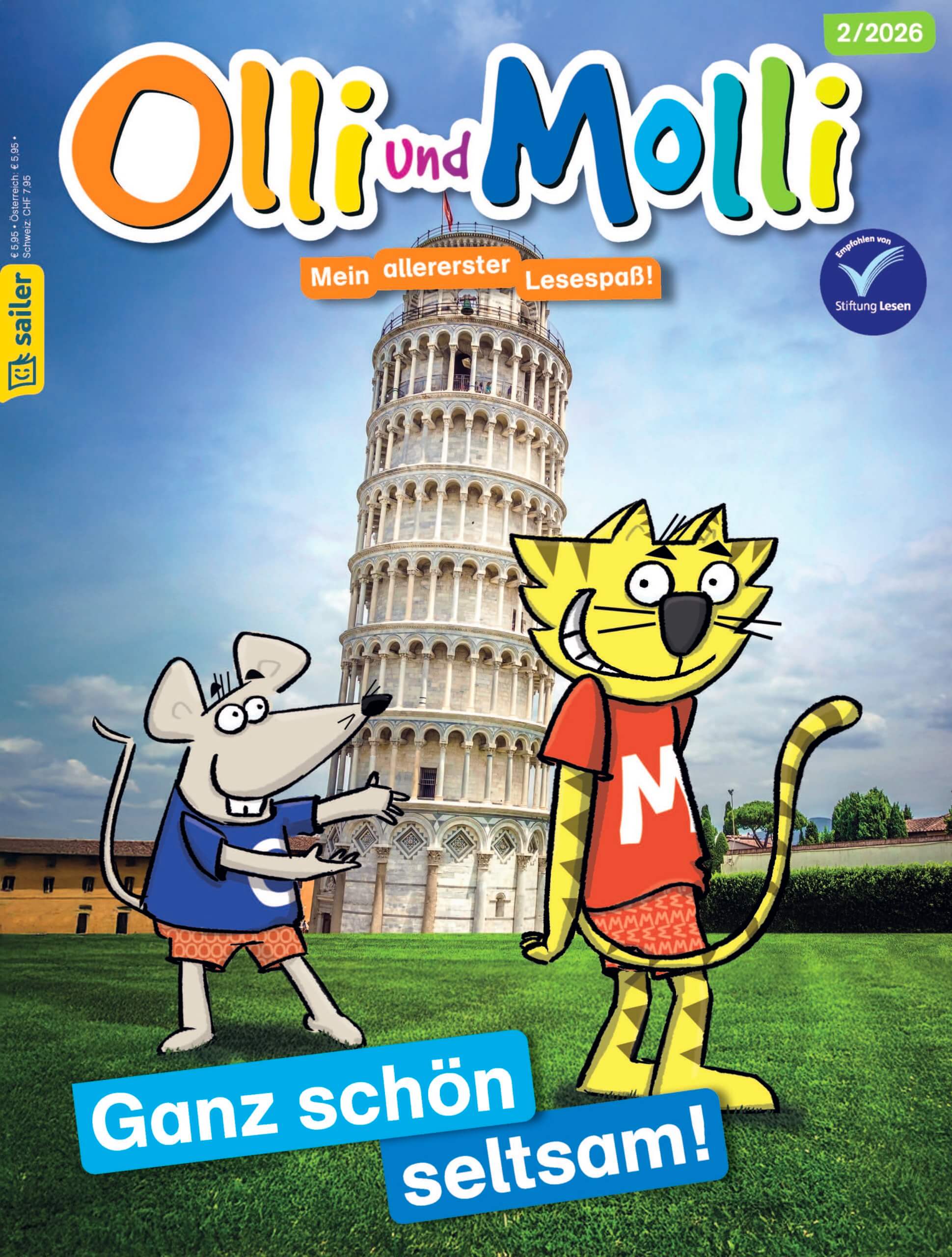 Cover der Zeitschrift 'Olli und Molli'. Zwei Cartoon-Tiere, eine Maus und eine Katze, stehen vor dem Schiefen Turm von Pisa. Der Titel lautet: 'Ganz schön seltsam!'. Sailer Verlag ist auf dem Cover vermerkt.
