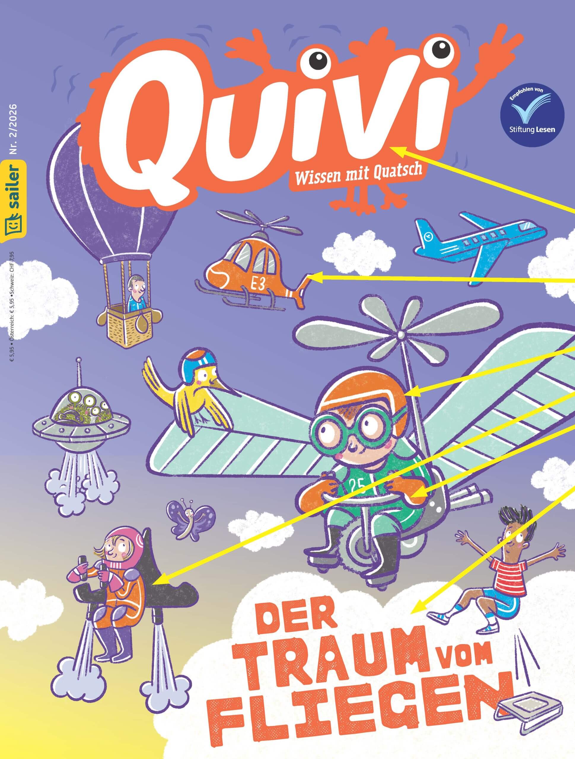Titelblatt der Zeitschrift 'Quivi' mit dem Slogan 'Wissen mit Quatsch'. Das Cover zeigt eine bunte Illustration mit verschiedenen Fluggeräten. Zu sehen sind ein Heißluftballon, Helikopter, Flugzeug, UFO, und ein fliegendes Fahrrad mit einem Menschen darauf. Ein Mädchen mit Jetpack und ein Junge auf einem schwebenden Tablet sind ebenfalls abgebildet. Der Untertitel lautet 'Der Traum vom Fliegen'. Oben links ist das Logo des Sailer Verlags zu sehen.